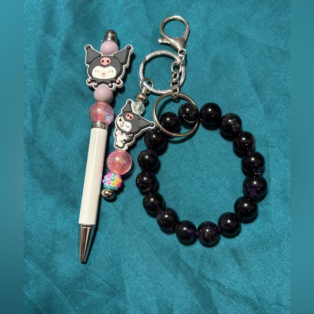 Cute Kuromi inspired Character Pen and Amethyst Bracelet Keychain Set